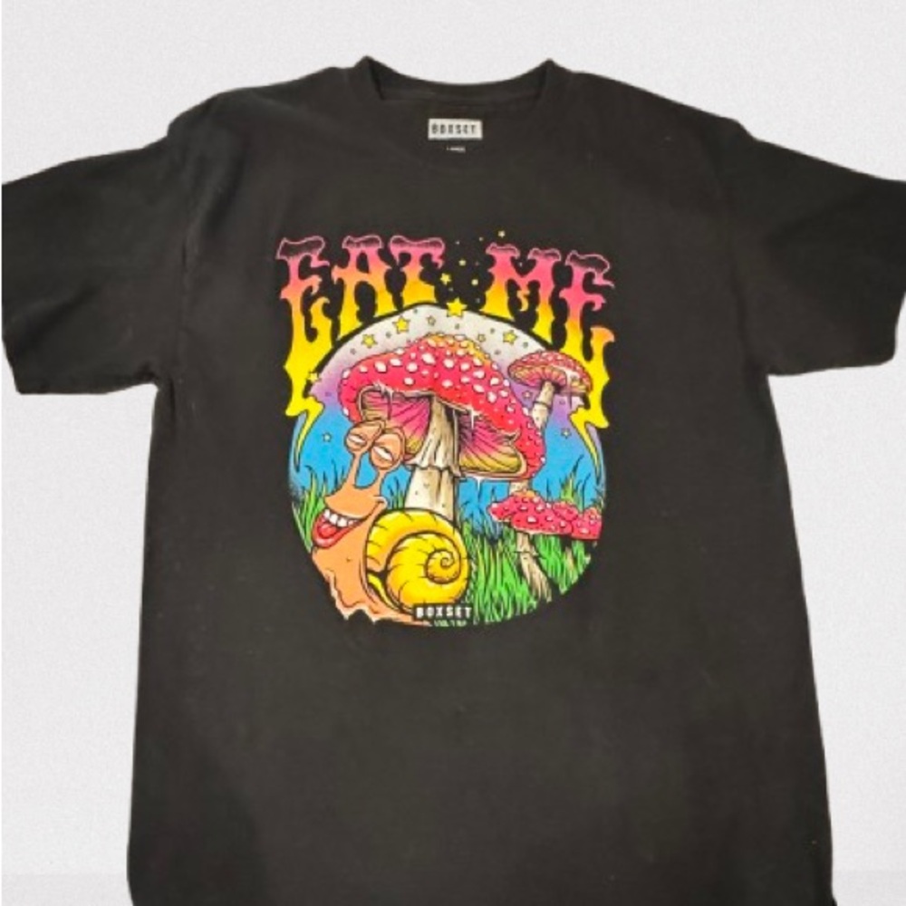 Black T-Shirt with Colorful Mushroom Design